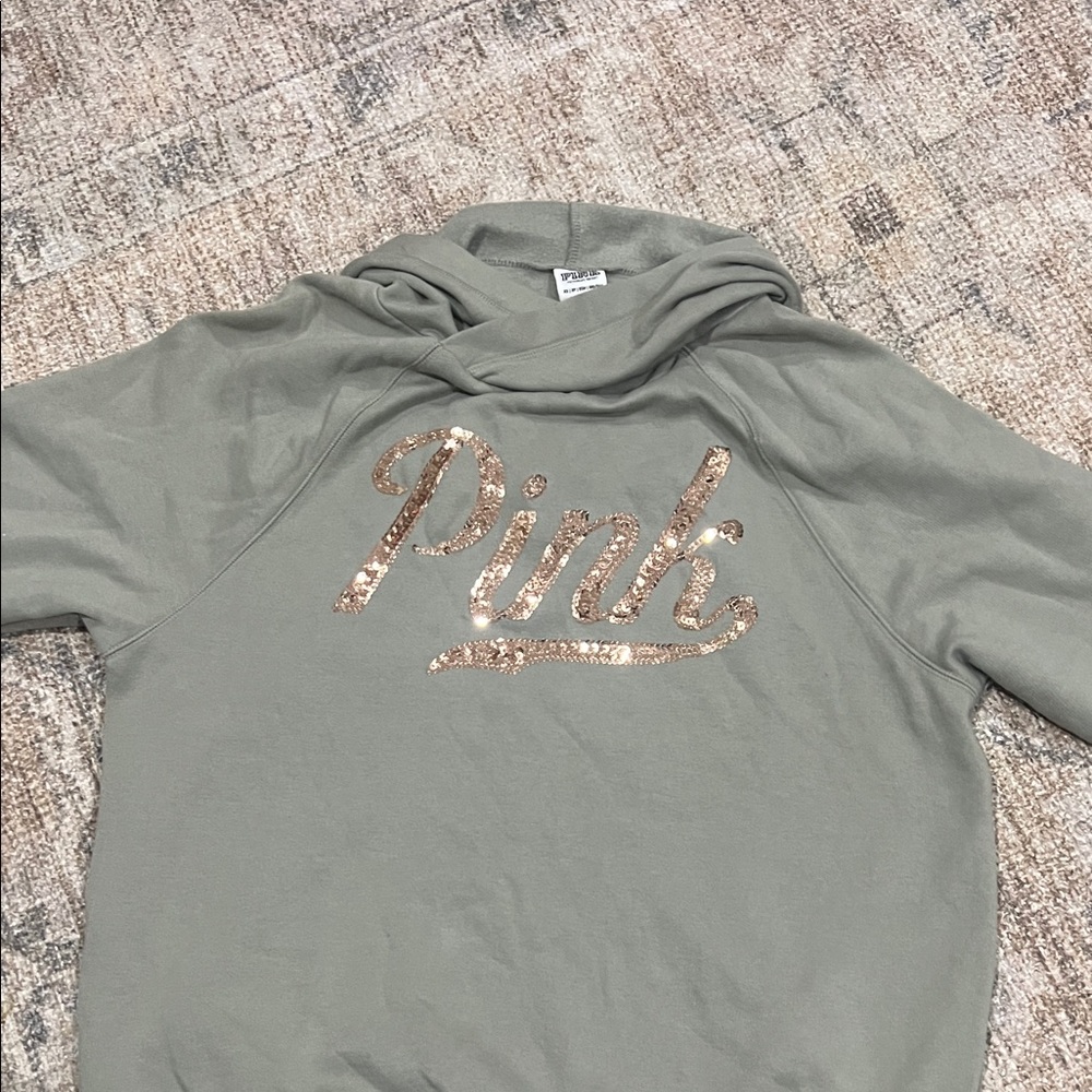 PINK Victoria's Secret Olive Hoodie with Sequin Logo